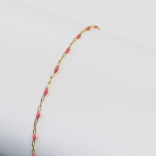Lavinia Permanent Jewelry Chain, Pink Enamel Design, Cable Links, Available in Gold Filled and Sterling Silver