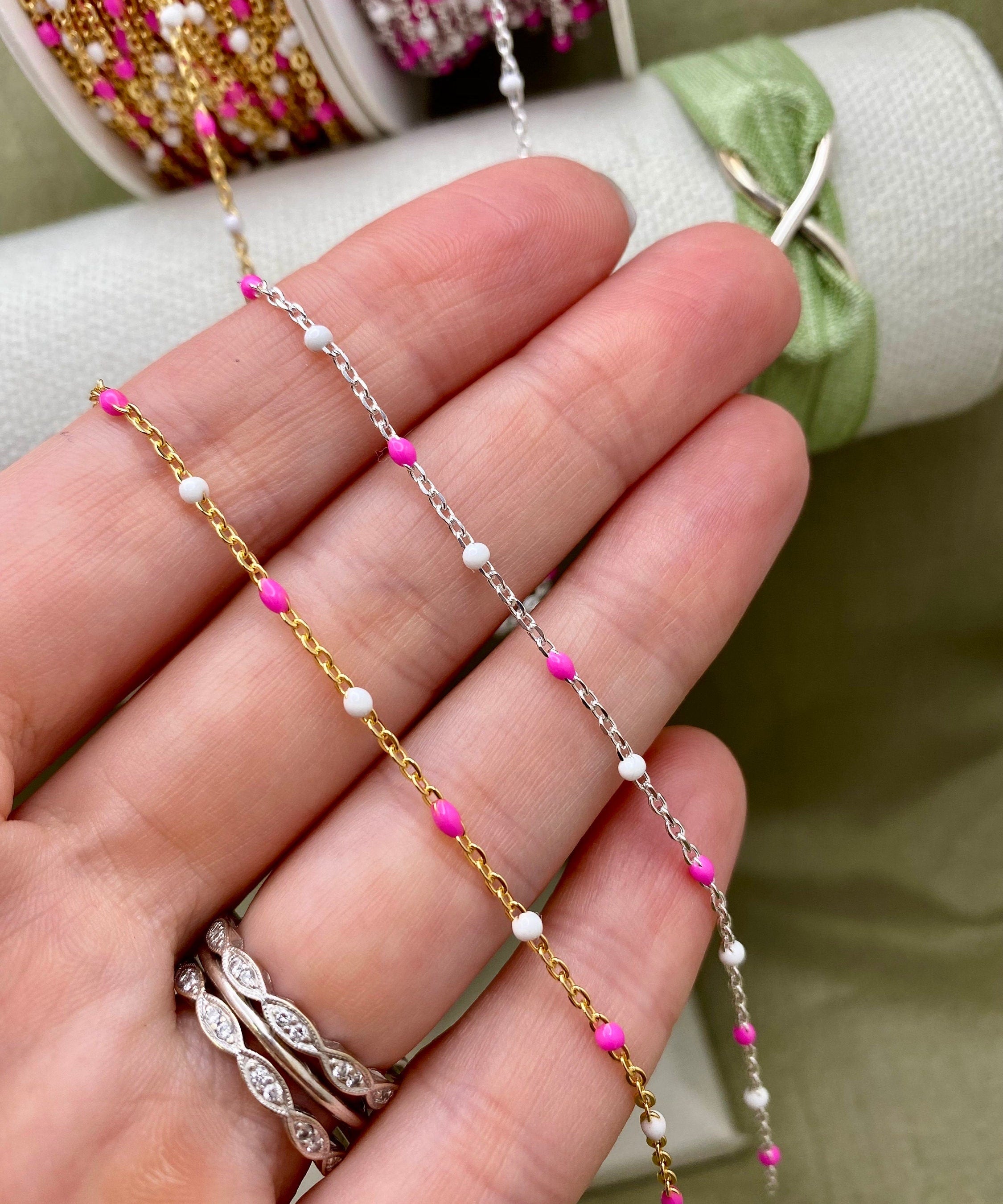 Pink & White Enamel Chain - Dot Cable - E17